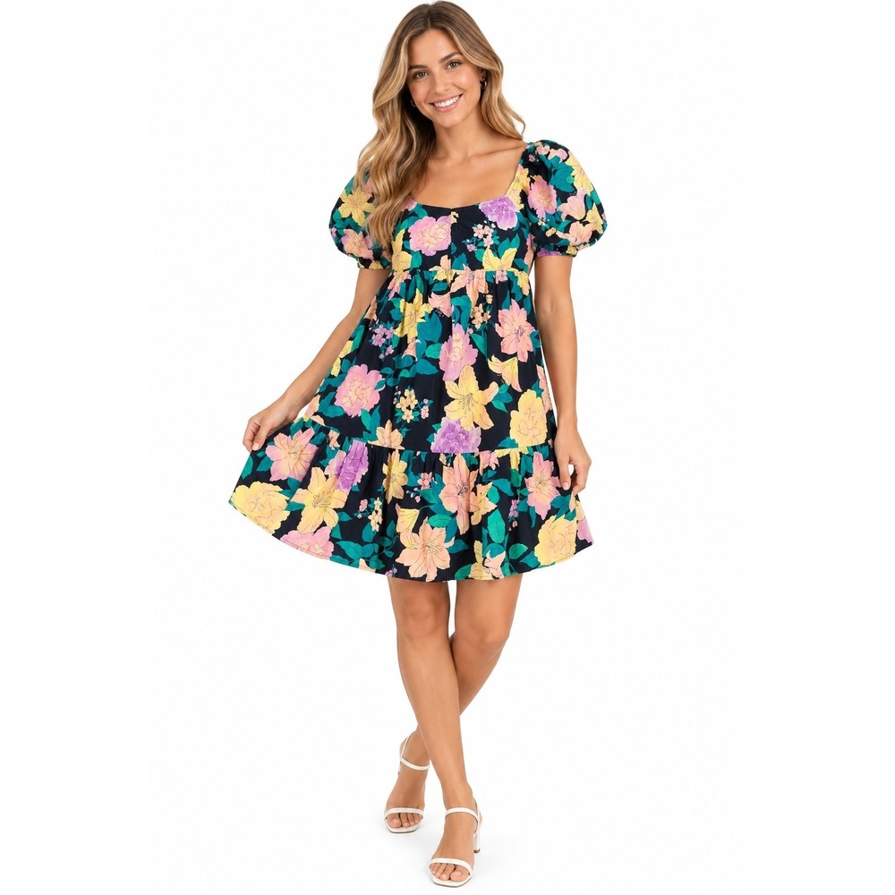 Billabong Womens Floral Smocked Puff Sleeve Square Neck Mini Dress Size Large